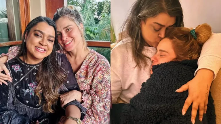 Montagem mostra, à esquerda, Preta Gil e Carolina Dieckmann sorrindo abraçadas em uma varanda; à direita, Preta Gil aparece beijando a cabeça de Carolina Dieckmmann enquanto a abraça carinhosamente.