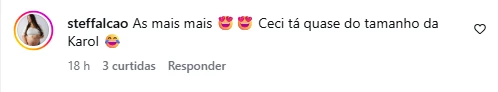 Cecília rouba a cena em fotos com Karoline Lima, e web reage ao crescimento 3 Comentários de seguidores destacam o crescimento de Cecília, filha de Karoline Lima e Éder Militão, após novas fotos publicadas pela influenciadora