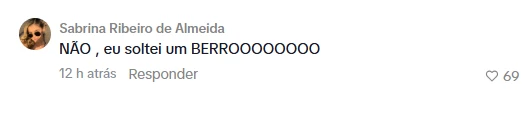 Comentário de internauta afirmando que reagiu com um 'berro' ao assistir ao vídeo de Matheus e Duda Rubert que repercutiu nas redes sociais.