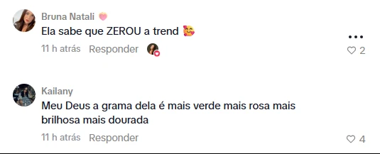 Comentários de internautas elogiando Duda Rubert e brincando que a influenciadora 'zerou a trend' após gravar vídeo com Matheus.