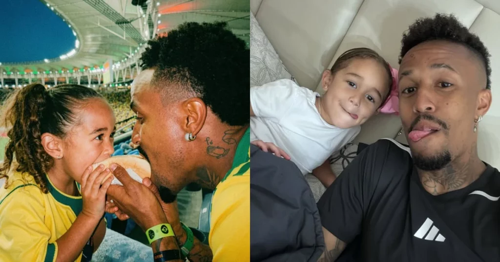 Éder Militão abre álbum com Cecília: ‘A vida é bonita contigo’ Éder Militão e Cecília aparecem juntos em dois registros, um em estádio e outro em ambiente interno