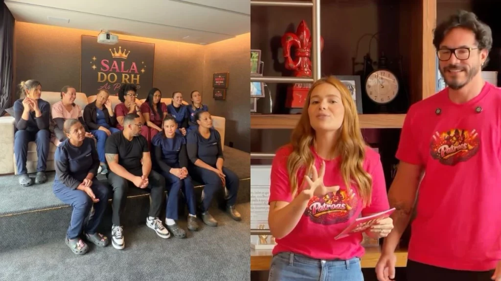 Montagem mostra, à esquerda, um grupo de pessoas sentadas em um sofá sob o letreiro "Sala do RH As Patroas". À direita, Viih Tube e Eliezer usam camisetas cor-de-rosa escritas "As Patroas".