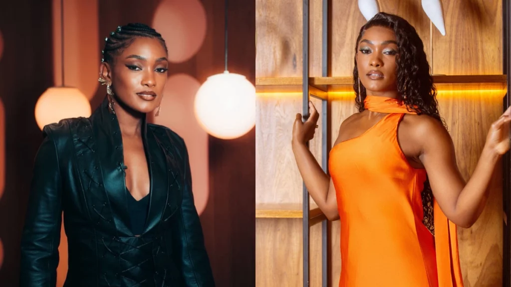 Erika Januza fala pela 1ª vez após fim polêmico com Arlindinho: ‘Não sei o que é o amor’ Duas fotos lado a lado de Erika Januza: à esquerda, blazer preto; à direita, vestido laranja de um ombro só em pose elegante.