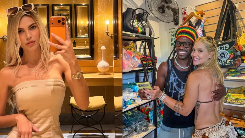 Montagem com selfie de Day Magalhães em frente ao espelho e foto de Virginia Fonseca ao lado de Vini Jr. durante viagem à Jamaica.