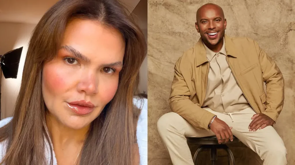 Montagem com Thais Carla em selfie de cabelos longos e blusa branca, ao lado de Israel Reis sorrindo, sentado em um banco e vestindo roupas em tons bege.