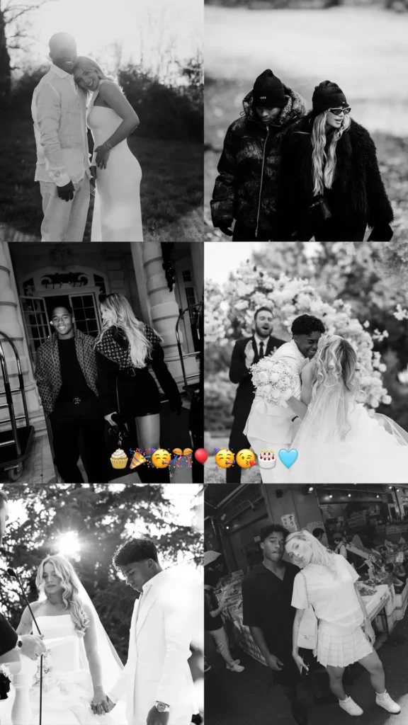 Montagem reúne seis momentos de Endrick e Gabriely Miranda, incluindo o casamento, viagens e registros românticos compartilhados pelo casal.