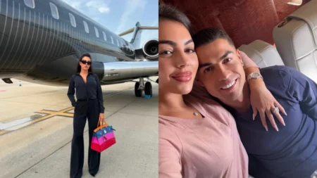 Montagem com duas fotos: à esquerda, Georgina em frente a um jatinho preto; à direita, uma selfie de Georgina abraçada a Cristiano Ronaldo sorridente dentro do avião.