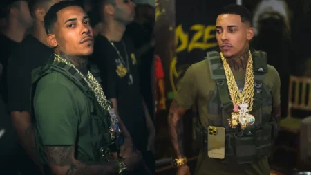 Gravadora encerra parceria com MC Poze do Rodo após sequência de polêmicas; veja MC Poze do Rodo usa camiseta verde, colete tático e diversos cordões dourados durante evento, em montagem com duas fotos lado a lado.