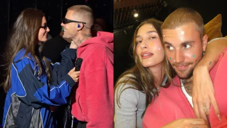 Hailey Bieber celebra oito anos do pedido de casamento de Justin Bieber; confira Montagem com duas fotos de Justin e Hailey Bieber. Na imagem da esquerda, eles se olham e sorriem de perfil; ela usa jaqueta azul esportiva e óculos escuros, e ele veste moletom rosa e óculos escuros, segurando um microfone. Na imagem da direita, posam abraçados e com os rostos próximos, ambos com pequenos adesivos coloridos colados no rosto.