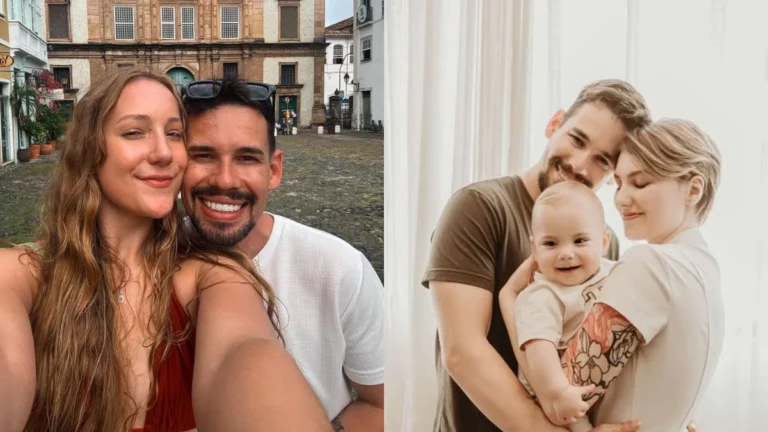 Montagem mostra, à esquerda, Diulia Loregian sorrindo ao lado de Lucas Borbas em uma praça histórica. À direita, Isabel Veloso posa abraçada ao marido enquanto segura o filho bebê no colo.