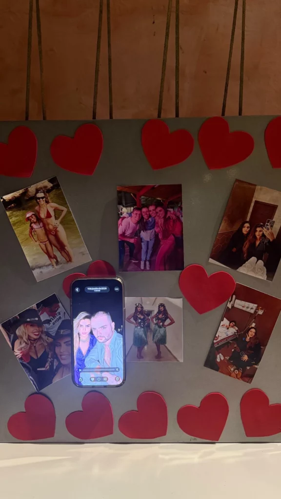 Painel da despedida de solteira de Isabella Arantes reúne fotos da influenciadora com familiares e amigos em diferentes momentos.