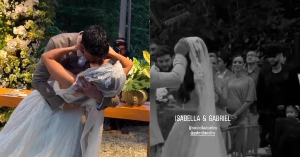 Neymar e Bruna Biancardi marcam presença em casamento de Medina; veja fotos Gabriel Medina e Isabella Arantes se beijam durante cerimônia de casamento em Maresias
