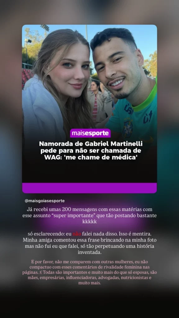 Isabella Rousso compartilha pronunciamento nas redes sociais para negar declaração sobre o termo WAG e pedir que não seja comparada a outras mulheres.