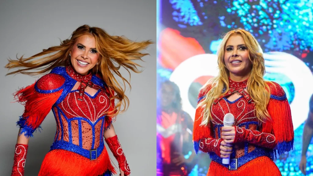 Joelma em duas fotos de palco com figurino vermelho e azul brilhante, segurando microfone e sorrindo durante a apresentação.