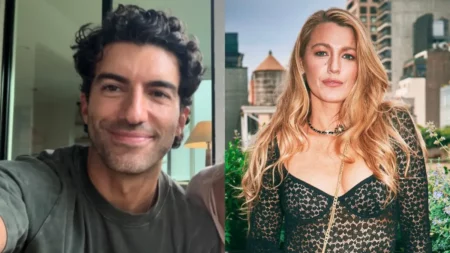 Justin Baldoni quebra silêncio sobre Blake Lively e revela motivo de espera Montagem com Justin Baldoni sorrindo em uma selfie e Blake Lively posando diante de prédios na cidade.