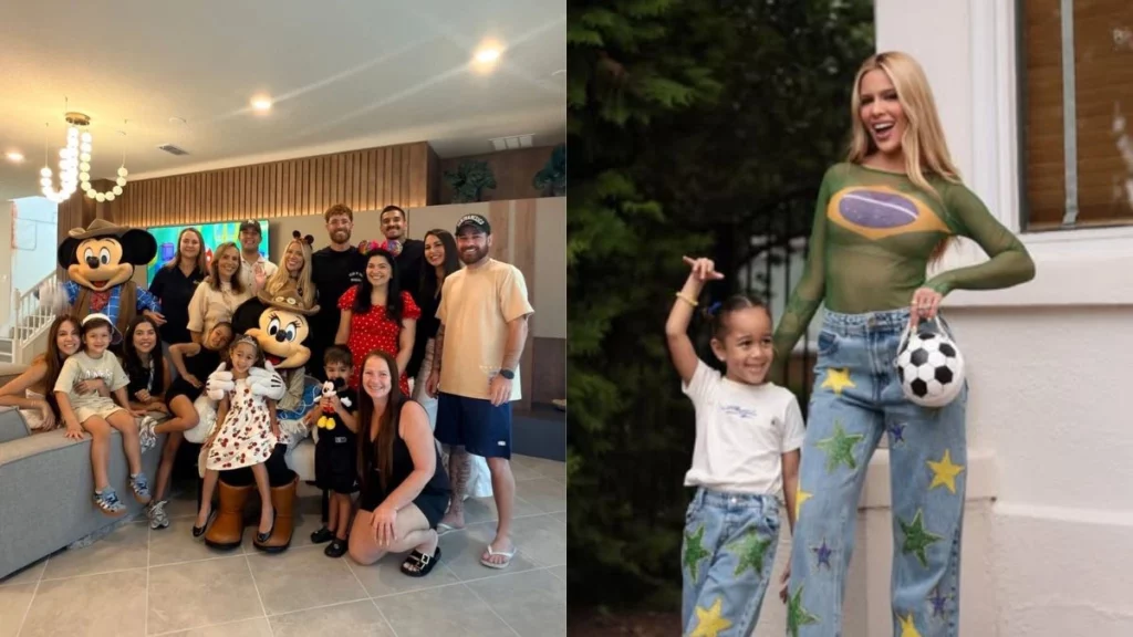 Montagem mostra, à esquerda, Karoline Lima, Léo Pereira e amigos posando juntos com os personagens Mickey e Minnie Mouse. À direita, a influenciadora aparece sorridente ao lado de uma criança usando um look com a bandeira do Brasil.
