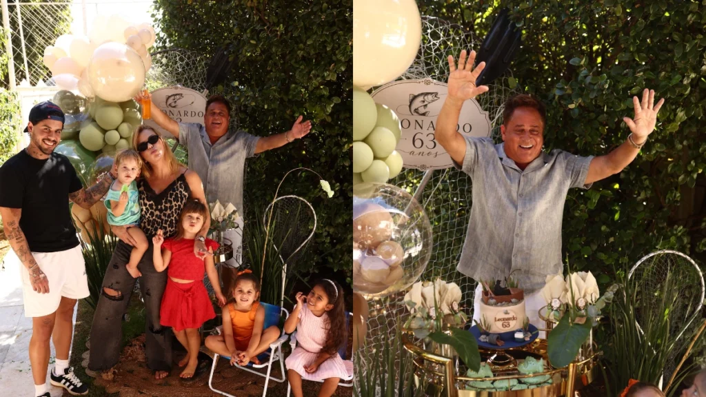 Poliana Rocha explica ausência dos netos em festa de Leonardo: ‘Mandei mensagem’ Família de Leonardo e Poliana Rocha reunida em festa de aniversário ao ar livre, com crianças, decoração de balões e aniversariante sorrindo ao lado do bolo.