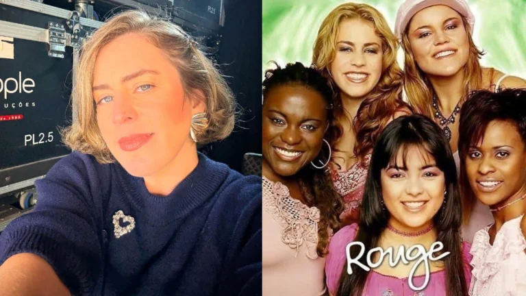 Lu Andrade nega brigas com ex-integrantes do Rouge: ‘não existe na vida real’ Montagem mostra, à esquerda, a cantora Lu Andrade tirando uma selfie com blusa de tricô azul-escura. À direita, uma foto promocional antiga das integrantes do grupo pop Rouge sorrindo juntas.