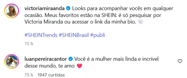 "Print do comentário de Luan Pereira para Victória Miranda no Instagram: 'Você é a mulher mais linda e incrível desse mundo, te amo'.
