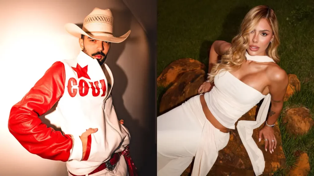 Montagem com fotos de Luan Pereira usando chapéu e roupa em estilo country e de Victória Miranda com conjunto branco; cantor voltou a se declarar para a influenciadora nas redes sociais.