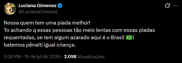 Print de publicação de Luciana Gimenez no X em que ela critica piadas sobre Mick Jagger e diz que o Brasil foi o azarado após a eliminação na Copa do Mundo.