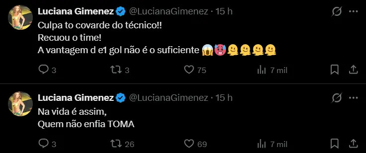 Dois prints de publicações de Luciana Gimenez no X. Em uma delas, ela culpa o técnico pela derrota da Inglaterra; na outra, escreve: "Na vida é assim, quem não enfia TOMA".