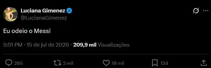 Print de publicação de Luciana Gimenez no X em que ela escreve: "Eu odeio o Messi", após a vitória da Argentina sobre a Inglaterra.