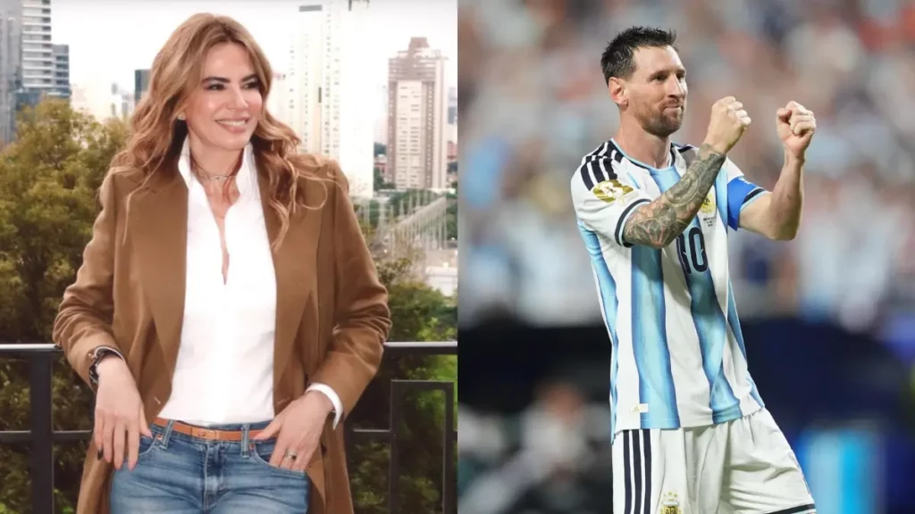 Uma imagem de tela dividida verticalmente: à esquerda, a apresentadora de TV Luciana Gimenez posando com um casaco camel; à direita, Lionel Messi celebrando com os punhos cerrados em seu uniforme da Argentina.