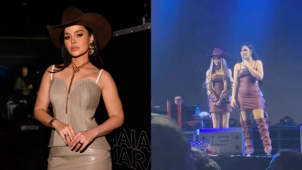 Montagem mostra Maraisa em um evento e, ao lado, a dupla Maiara e Maraisa no palco durante o momento em que a cantora interrompe o show para chamar a atenção de um homem na plateia que apontava um laser para a irmã.