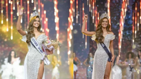 Montagem mostra Marcella Kozinski, vencedora do Miss Universe Brasil, com coroa e faixa, acenando ao público e segura buquê em palco com luzes douradas.