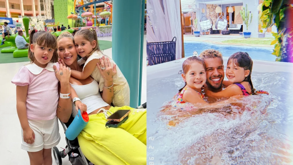 Maria Flor imita Virginia e Zé Felipe se diverte: ‘As caras que ela faz’ Montagem com duas fotos: Virginia Fonseca e as filhas, Maria Flor e Maria Alice em parque indoor; Zé Felipe abraça as duas meninas em piscina aquecida sorrindo.
