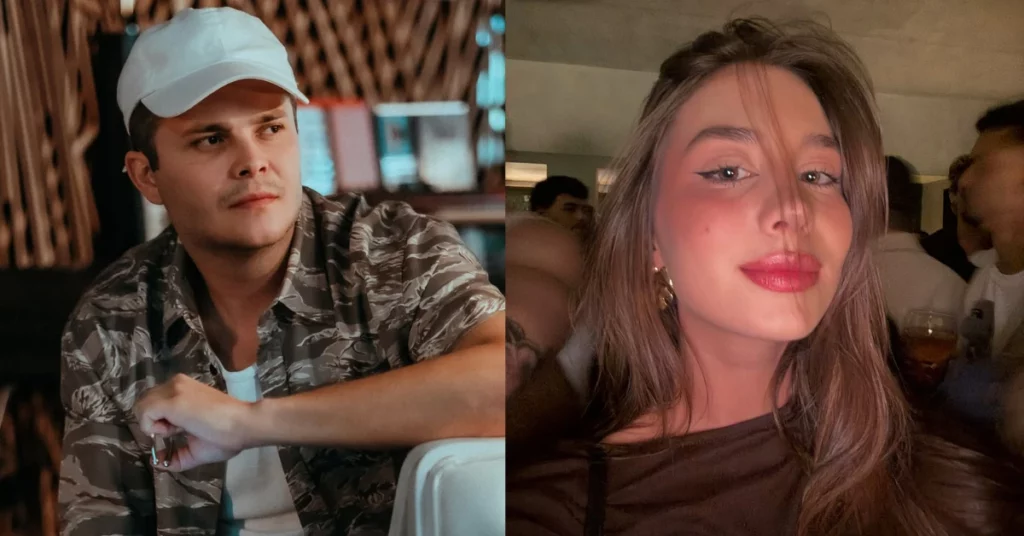 Montagem mostra o cantor Matheus Aleixo, da dupla com Kauan, ao lado da influenciadora Duda Rubert em imagens individuais usadas após vídeo que repercutiu nas redes sociais.