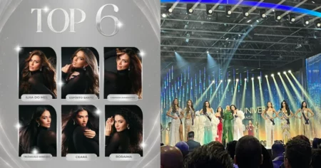 Montagem mostra as seis candidatas do Top 6 do Miss Universe Brasil 2026 e as finalistas reunidas no palco