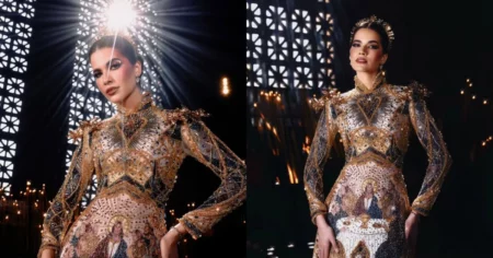 Maria Gabriela Lacerda posa com vestido de gala inspirado em A Última Ceia na passarela do Miss Universe Brasil 2026