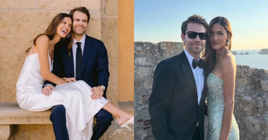 Natalie Kuckenburg aparece ao lado de Paul Wesley em dois registros, incluindo foto com vestido branco