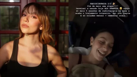 Neta de Carlos Alberto de Nóbrega conclui etapa contra o câncer: ‘Aos prantos’ Montagem mostra Bruna Furlan em um retrato e, ao lado, uma imagem publicada por ela nas redes sociais durante a última sessão de radiocirurgia, na qual celebra o fim de mais uma etapa do tratamento contra o câncer.
