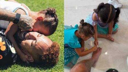 Neymar diverte seguidores ao exibir ‘dia de beleza’ inesperado com Mavie Montagem mostra Neymar brincando com a filha Mavie na grama e, ao lado, Mavie e Antonella, vestidas de princesas, pintando as unhas dos pés do jogador durante as férias nos Estados Unidos.