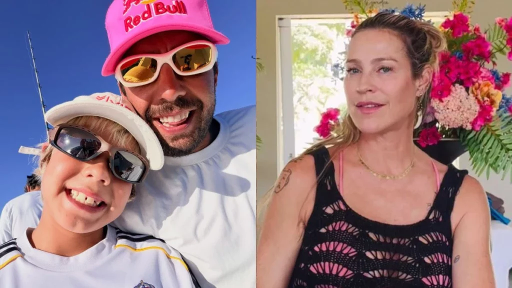 Pedro Scooby e Bem sorriem para selfie ao ar livre; ao lado, Luana Piovani posa em ambiente interno com flores coloridas ao fundo.
