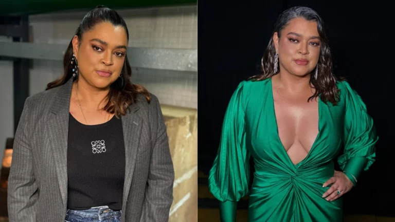 Montagem mostra Preta Gil em dois momentos: à esquerda, blazer cinza; à direita, vestido verde com decote.