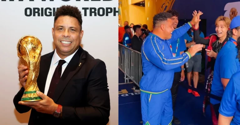 Montagem mostra Ronaldo Fenômeno segurando a taça da Copa do Mundo e, ao lado, cumprimentando V, integrante do BTS, durante evento relacionado ao torneio.
