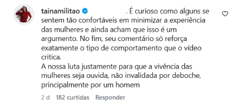 Comentário de Tainá Militão sobre críticas envolvendo gravidez e maternidade