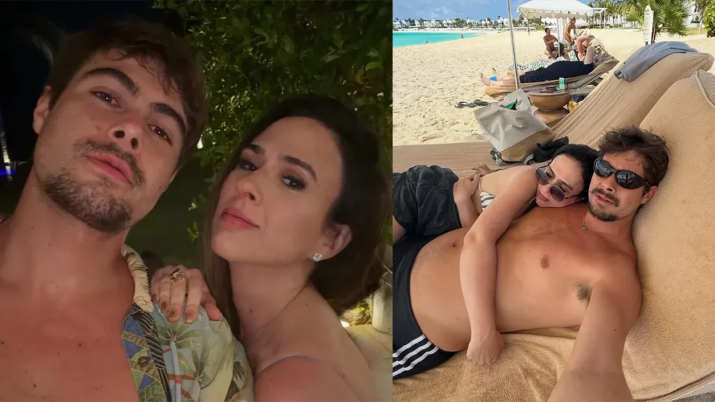 Foto de Tatá Werneck e Rafa Vitti durante férias, ilustrando a trajetória do casal, o casamento, a vida em família e a carreira do ator.