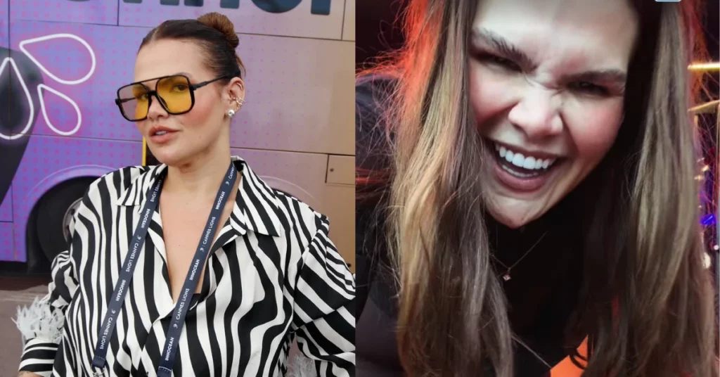 Montagem mostra Thais Carla em evento usando camisa listrada e óculos escuros ao lado de um registro da influenciadora sorrindo durante treino na academia.