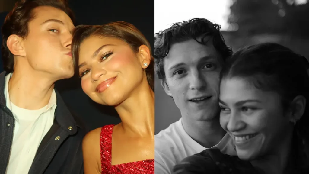 Montagem com fotos de Tom Holland e Zendaya, casal que protagonizou um momento divertido durante entrevista ao lado de Jacob Batalon para divulgar o filme Homem-Aranha: Um Novo Dia.