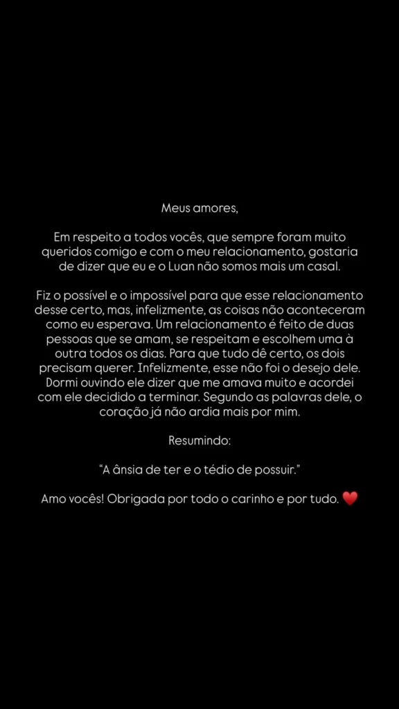 Após término com Luan Pereira, Victória confirma: 'acordei com ele decidido' 1 Story de Victória Miranda confirma término com Luan Pereira e cita decisão do cantor