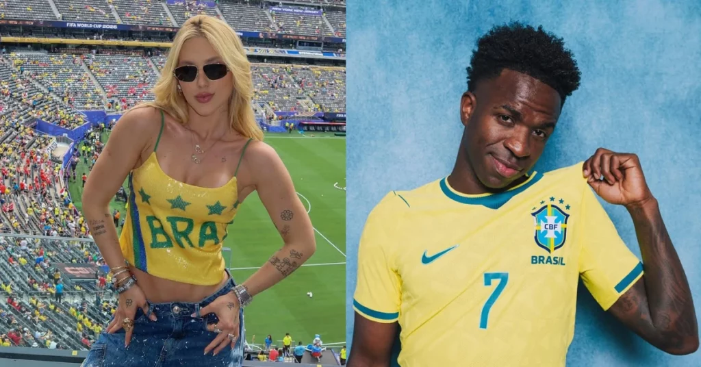 Montagem mostra Virginia em um estádio usando uma blusa nas cores do Brasil e Vini Jr. vestindo a camisa da Seleção Brasileira.