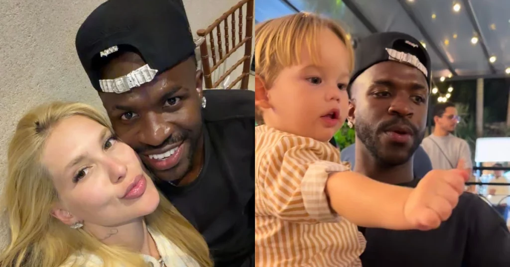 Virginia posa com Vini Jr., enquanto o jogador aparece em outro registro com José Leonardo no colo durante a comemoração