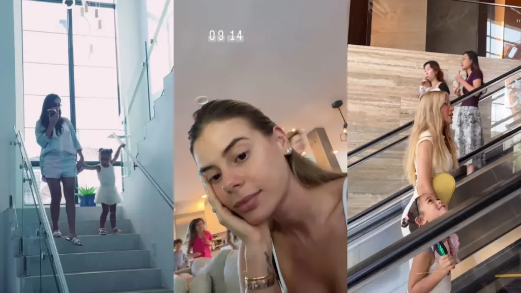Colagem de três fotos lado a lado: à esquerda, Bruna Biancardi desce uma escada de mãos dadas com uma criança; ao centro, uma selfie de rosto de Carol Cabrino; e à direita, Karoline Lima e uma criança subindo em uma escada rolante.