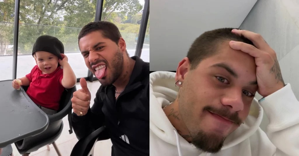 Montagem mostra Zé Felipe ao lado do filho José Leonardo e, à direita, em uma selfie