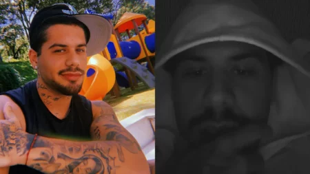 Alt text: Montagem com duas fotos do cantor Zé Felipe. Na esquerda, ele aparece colorido, sorrindo e de boné em um parquinho infantil. Na direita, em preto e branco, ele aparece de capuz com uma expressão séria.